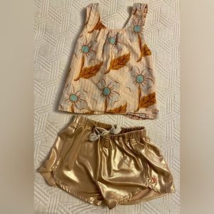 Girls Pink Chicken Iggy Pinafore Top with Millie metallic shorts.